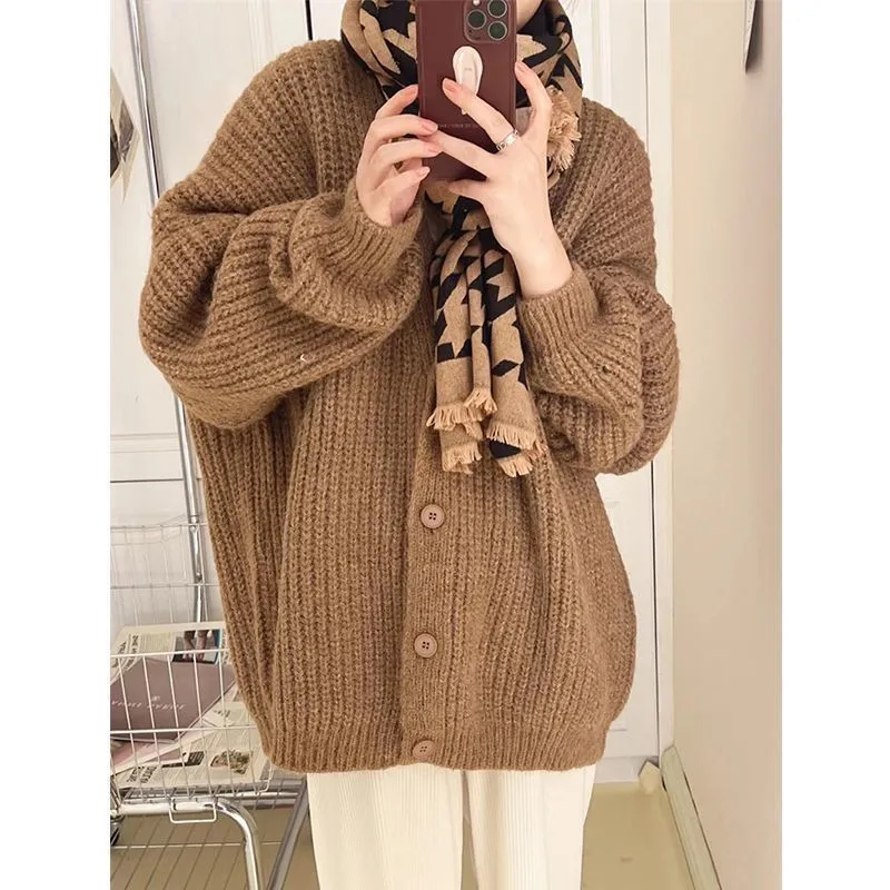 Idle Style Knitted Cardigan Sweater For Women Autumn And Winter - Coffee