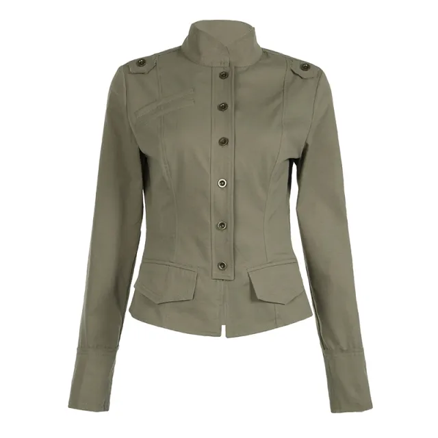 Autumn Retro Street Workwear Stand Collar Coat Army Green - Shop at LoveMi