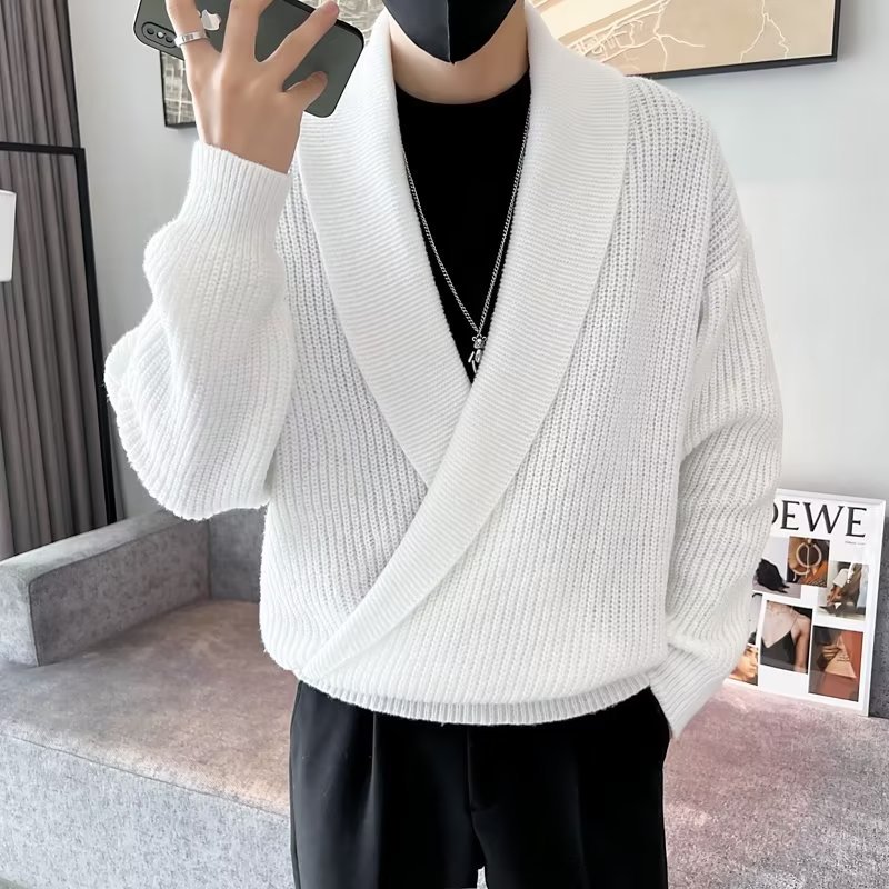 Solid-color Large V-neck Drapey Knit Sweater Mens Outerwear