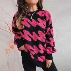 Autumn And Winter Loose Wave Striped Long Sleeve Knitted Sweater - Rose - View 1
