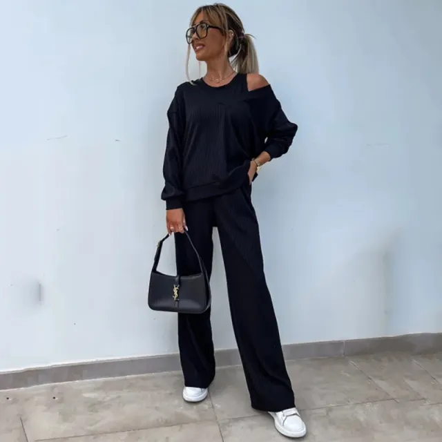 Women's Solid Color Vest Inner Match Long sleeved V neck Top Casual Pants Three piece Set Black - Shop at LoveMi