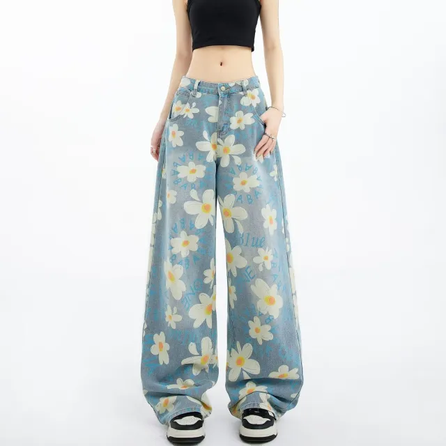 New Summer Printed Floral Wide leg Washed Jeans For Women Blue - Shop at LoveMi