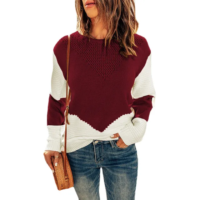 European And American Knitted Top Women's Autumn And Winter Clothing New Round Neck Contrast Color Bottoming Shirt Wine Red - Shop at LoveMi