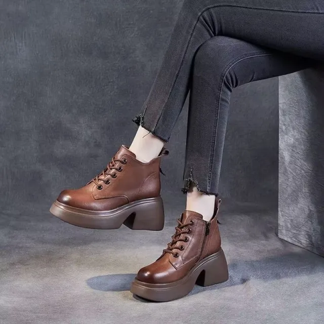 Womens Mid calf Boots With Thick Chunky Heels Brown - Shop at LoveMi