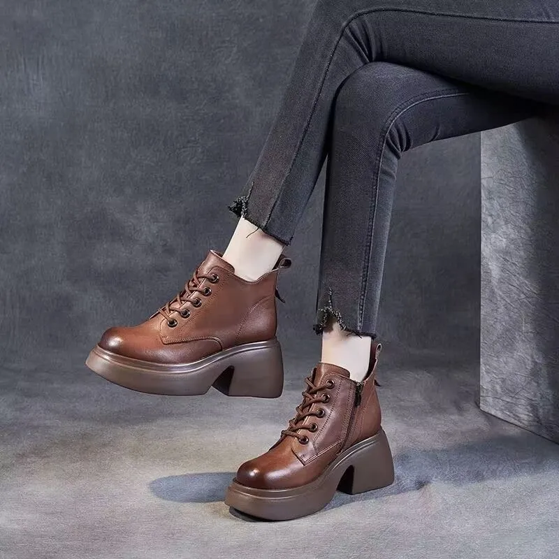 Womens Mid-calf Boots With Thick Chunky Heels - Brown