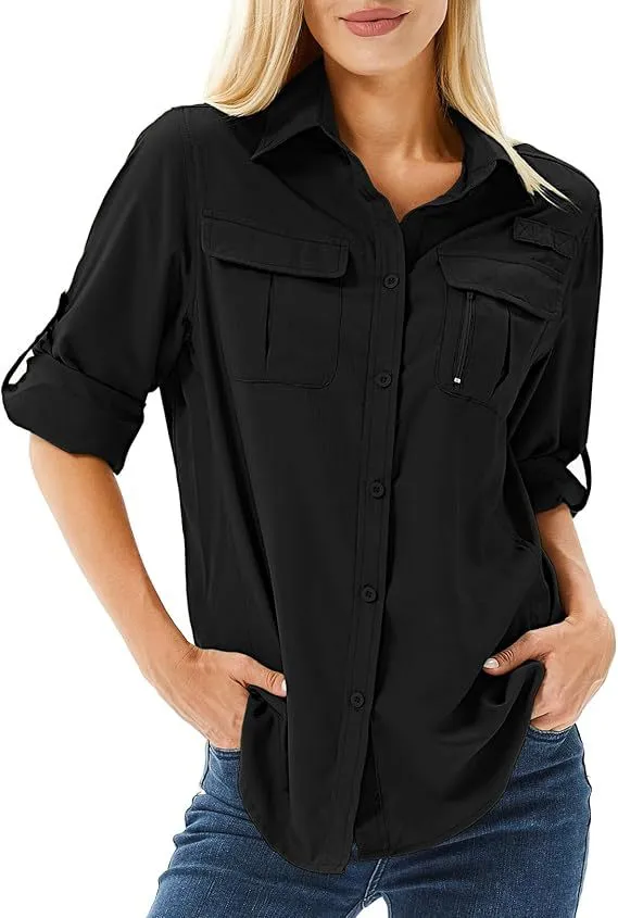 Casual Quick drying Stretch Zipper And Lapel Pocket Women's Shirt Black - Shop at LoveMi