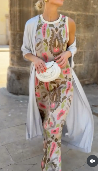 Printed Dress Two piece Set With Cloak Gray Printing And Gray Cloak - Shop at LoveMi