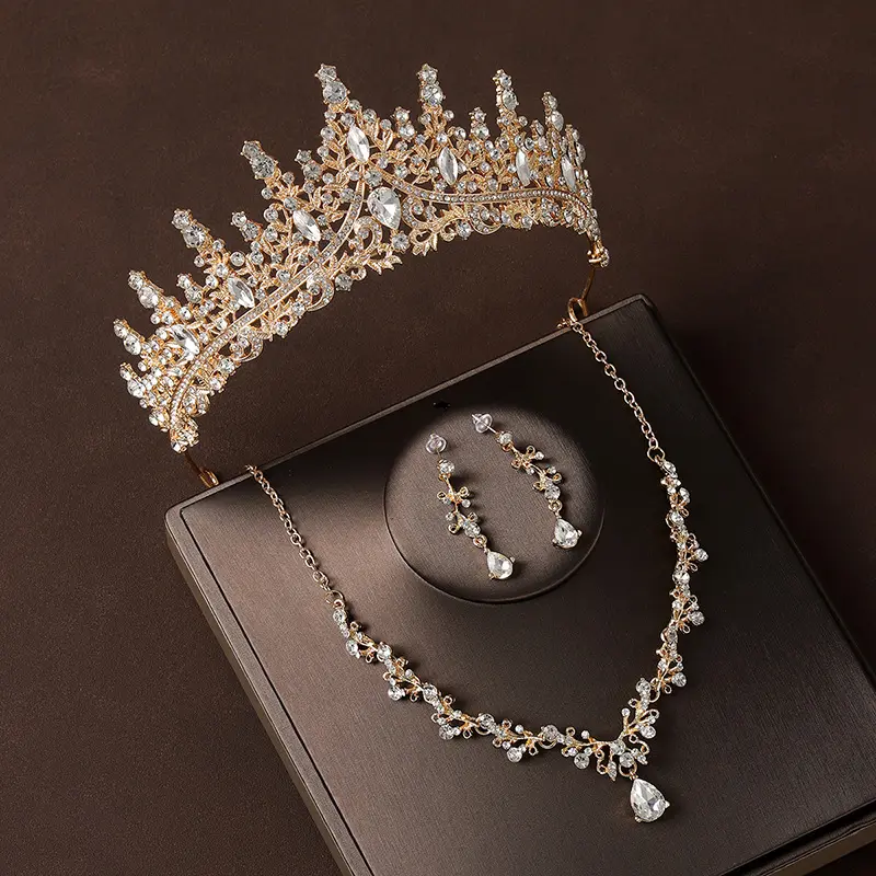 Crown Headdress Necklace Earrings Champagne Gold Vintage