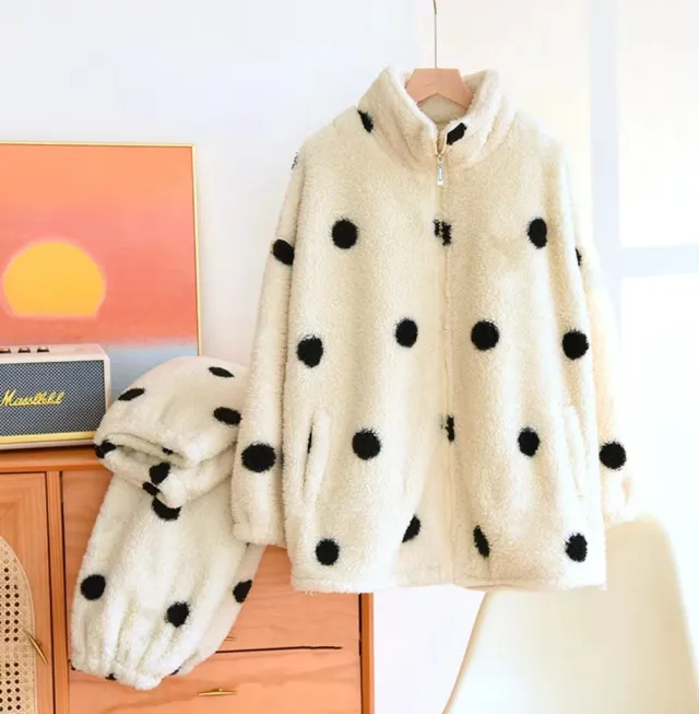Women's Fleece lined Thick Casual Loose Suit For Outdoor Wear Black And White - Shop at LoveMi