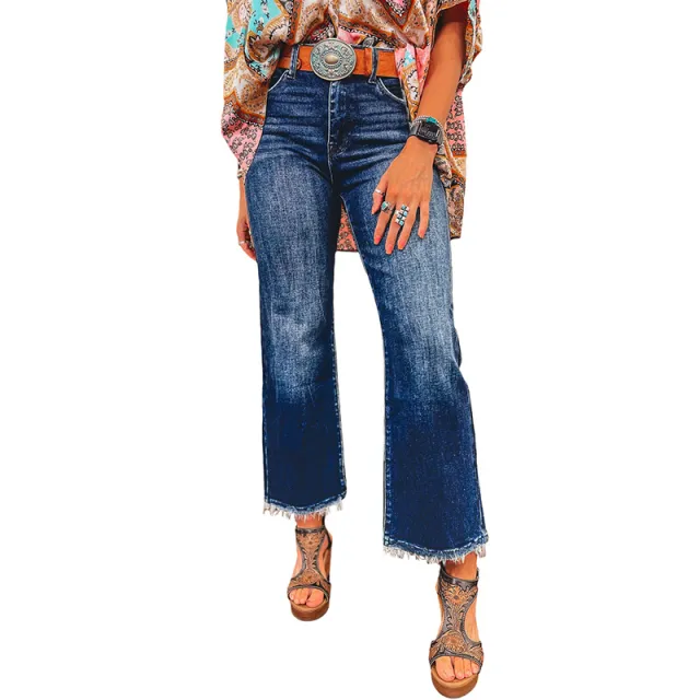 European And American Personalized Washed Frayed Hem Skinny Jeans For Women Lc7875084 Dark Blue - Shop at LoveMi