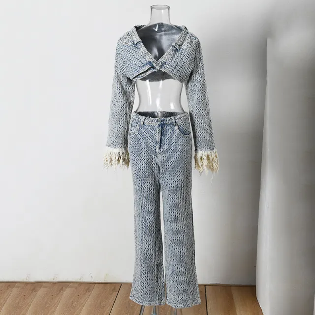 European And American Ladies Tassel Long Sleeve Denim Suit Light Blue - Shop at LoveMi