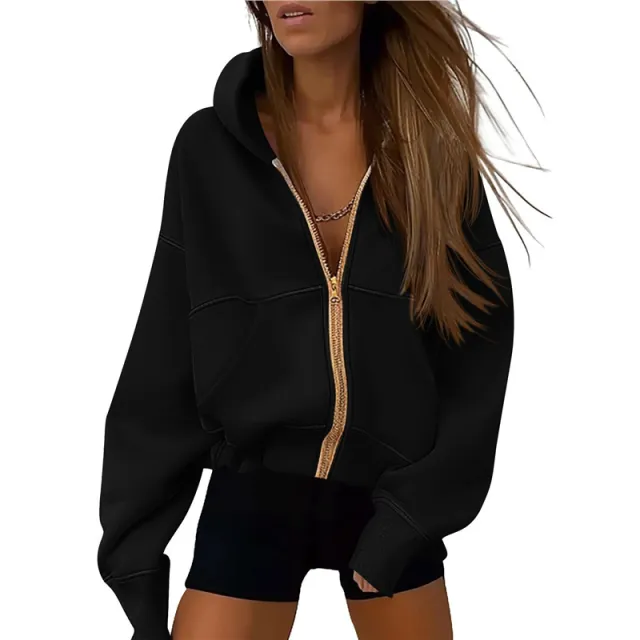 Zipper Hooded Sweatshirt Sports Long Sleeve Loose Pockets Fashion Jacket For Women Black - Shop at LoveMi