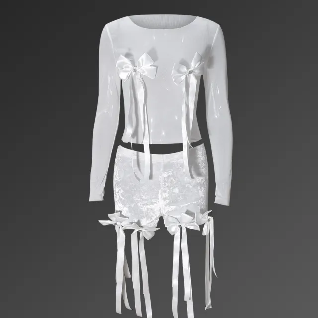 Sexy 3D Butterfly Printed Loose Top Lace Trendy Shorts Suit Women White - Shop at LoveMi