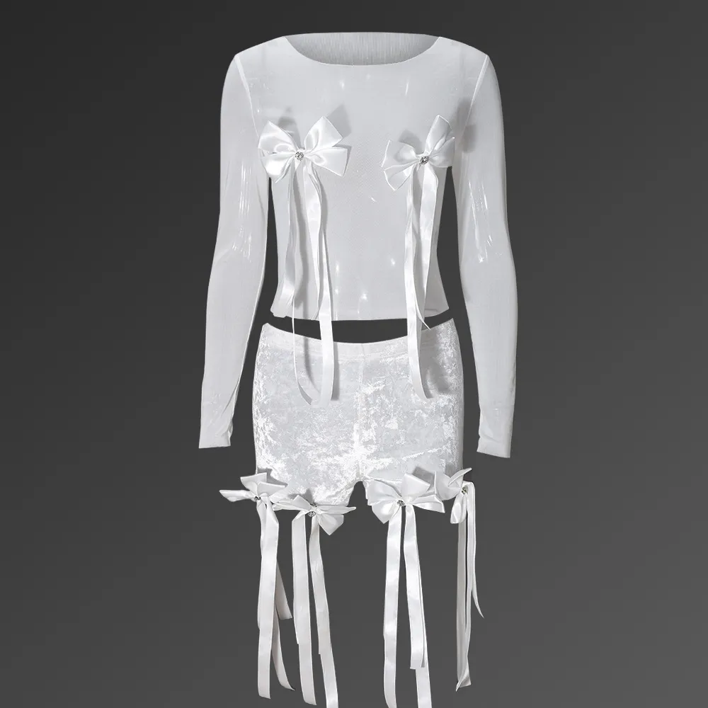 Sexy 3D Butterfly Printed Loose Top Lace Trendy Shorts Suit Women - White