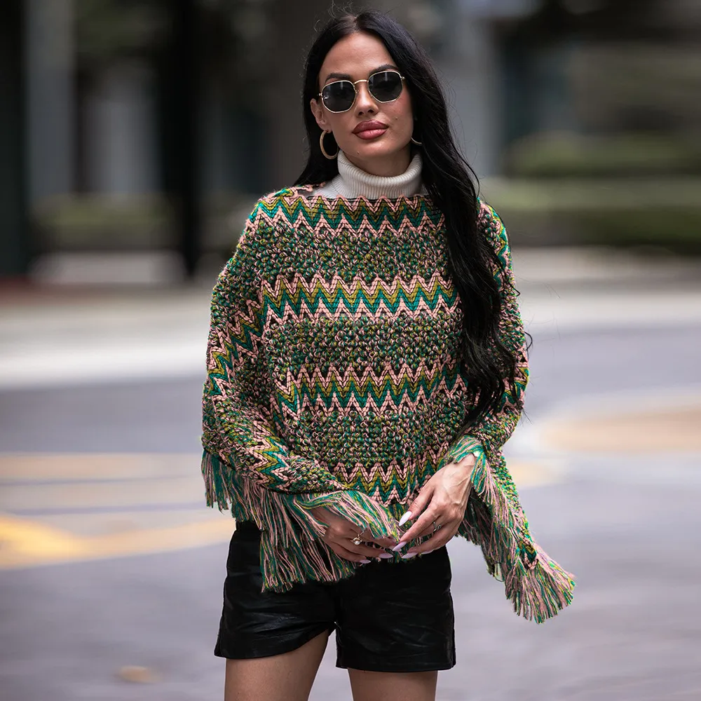 V-neck Cloak Type Twill Plaid Tassel Pullover Shawl Knitwear Sweater - Green