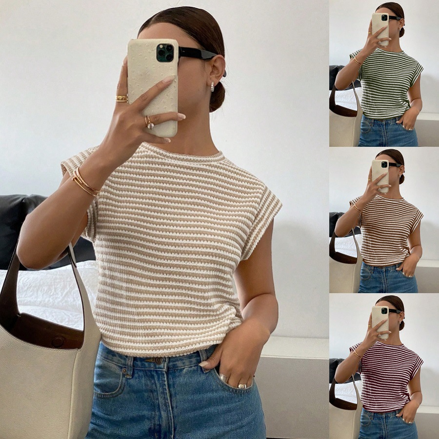 Womens New Summer Striped Crew-Neck Fashion Knit T-Shirt For Women
