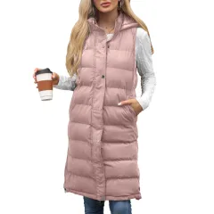 Ladies Hooded Sleeveless Zipper Cotton Padded Thickened - Pink - View 1