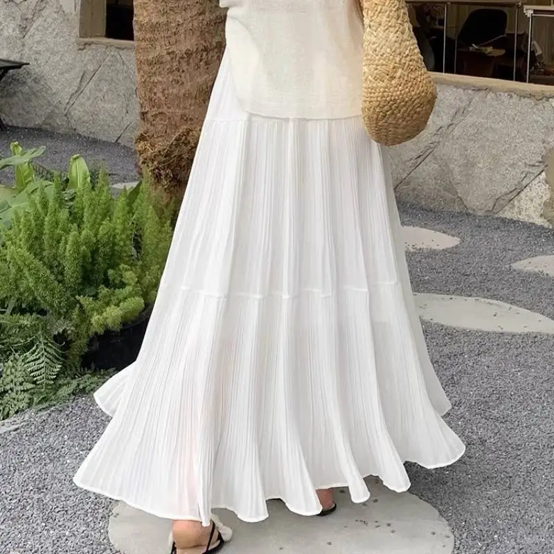 Elastic Waist Cross-body Slimming Dress Big Hem Umbrella Skirt - White