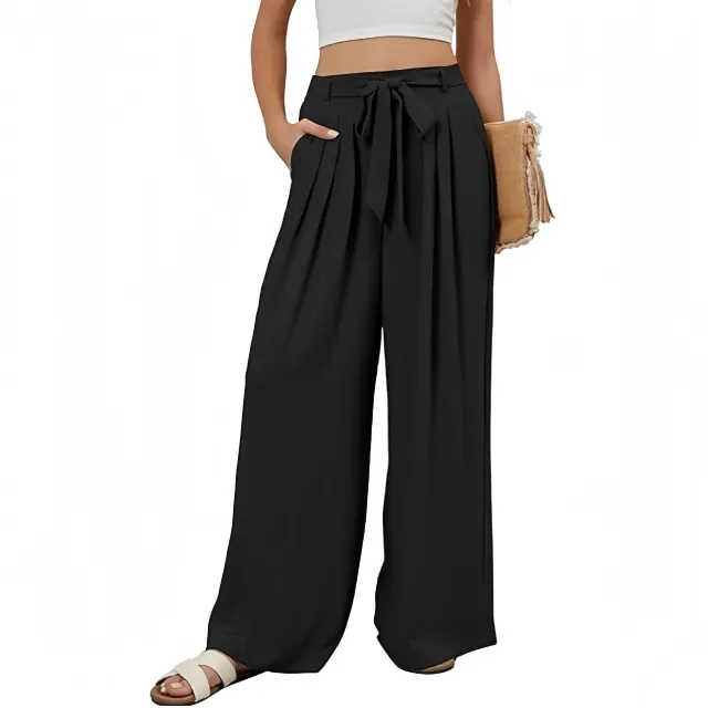 Womens Stylish Solid color Flowy High waist Wide leg Pants Black - Shop at LoveMi