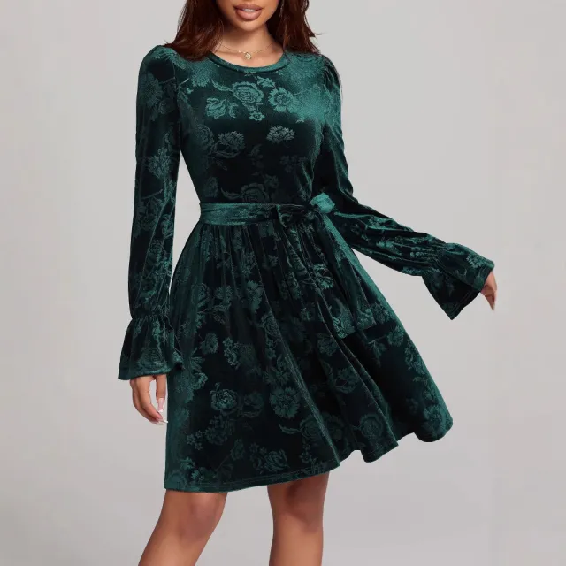 Women's Casual Long sleeve Printed Velvet Dress Green - Shop at LoveMi