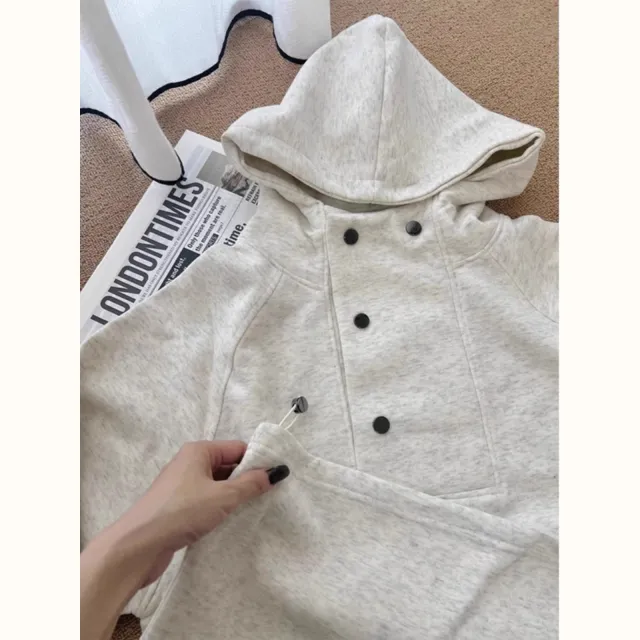 Loose Casual Solid Color Hooded Sweatshirt Women's Autumn And Winter Flower Gray - Shop at LoveMi
