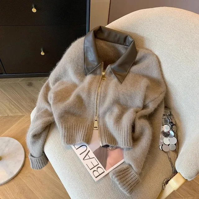 Women's Double Zipper Short Sweater With Leather Collar Double Zipper Jacket - Shop at LoveMi