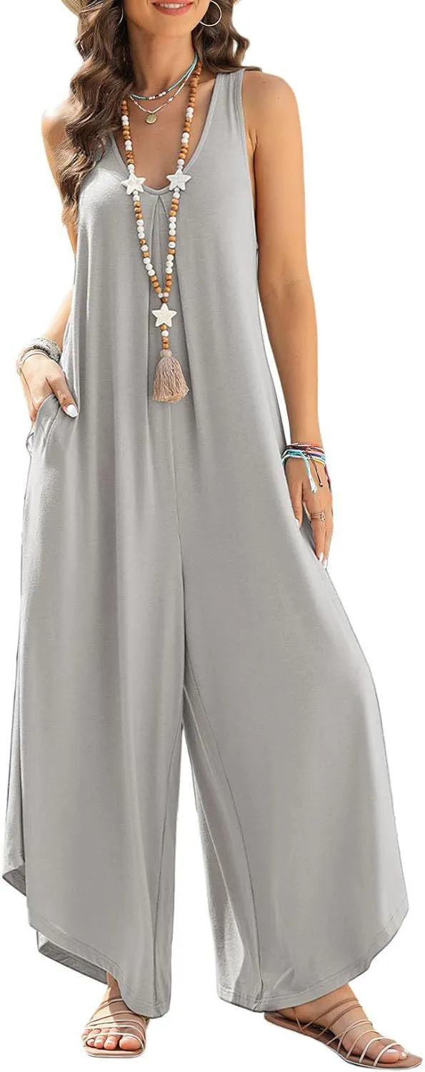 Women's Casual Sleeveless V neck Pocket Wide Leg Jumpsuit Gray - Shop at LoveMi