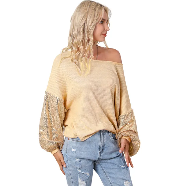 Loose Shoulder Solid Color Sweater Apricot - Shop at LoveMi
