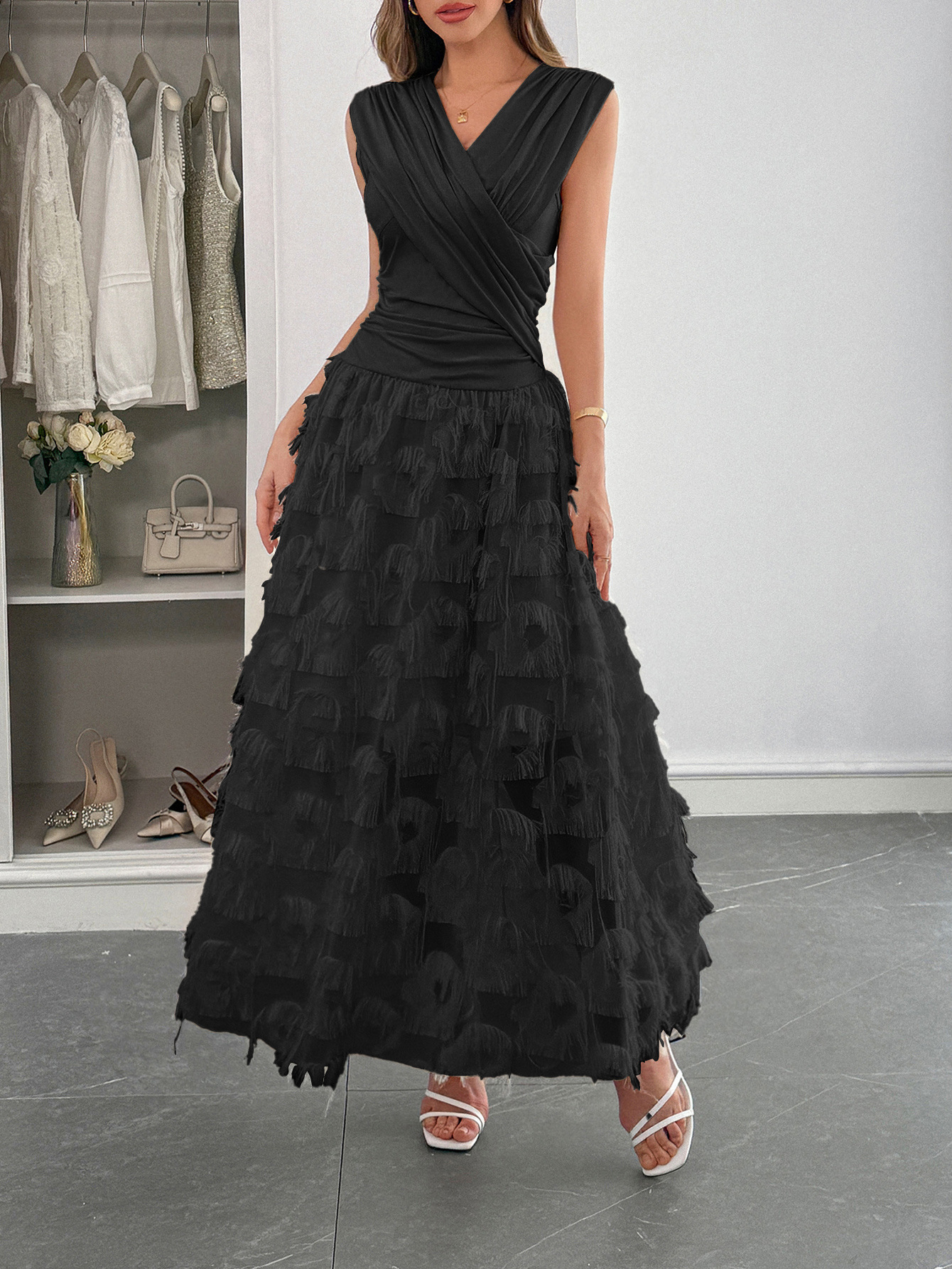 Maxi V-Neck Sleeveless Wedding Guest Dress Boho Style