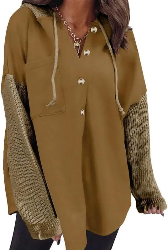 Women's Loose Long Sleeve Button Hooded Sweatshirt - Khaki