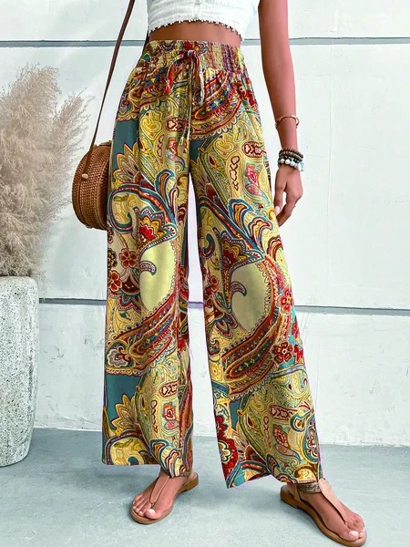 Digital Printing Ethnic Style Elastic Band Casual Loose Trousers