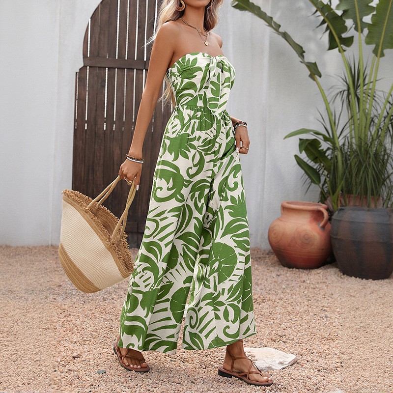 New Summer Resort-style Jumpsuit With A Fresh, Airy Vibe High-waisted Tube-top Design With A Green Leaf Print