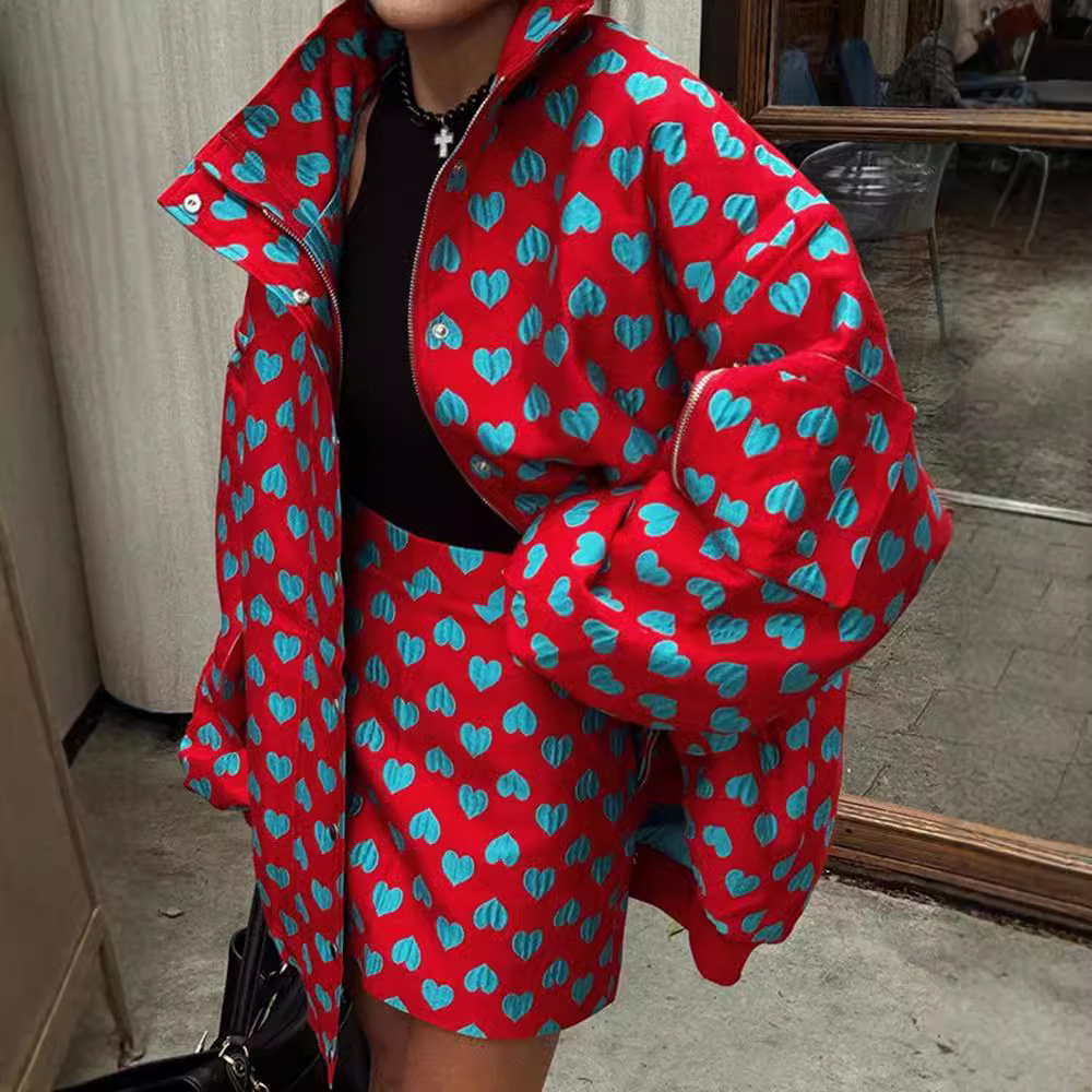 Lapel Zipper Top Printed Red Coat Skirt Outfit