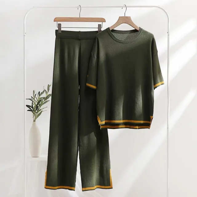Patchwork Loose Sweater With Short Sleeves Top Split Trousers Knitting Suit Army Green - Shop at LoveMi