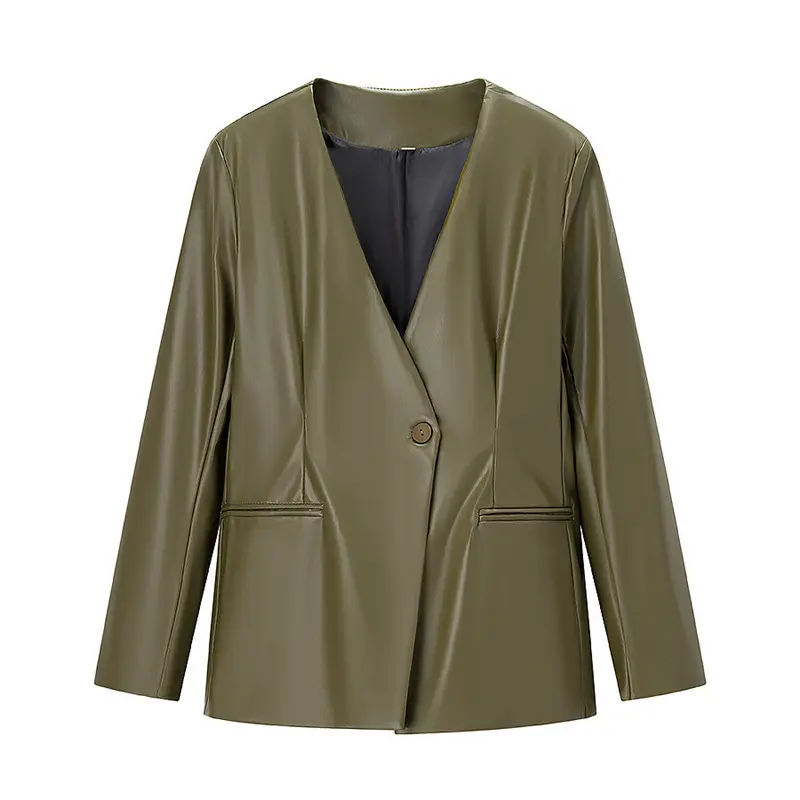 Women's Long-sleeved V-neck Leather Jacket