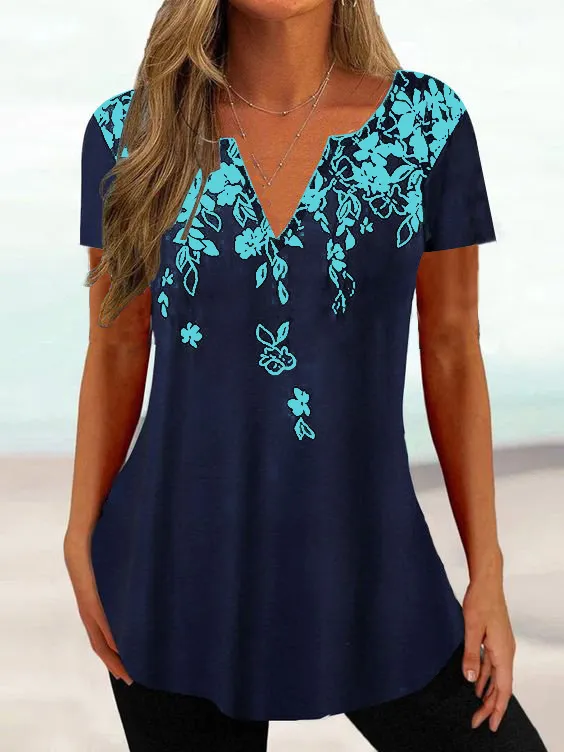 European And American Loose V neck Gradient Color Short Sleeve Printed Top T shirt Blue - Shop at LoveMi