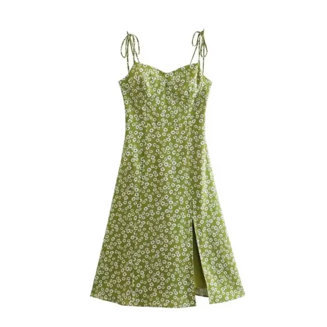 European And American Style French Retro Little Daisy Floral Print Slit Suspender Skirt Green - Shop at LoveMi