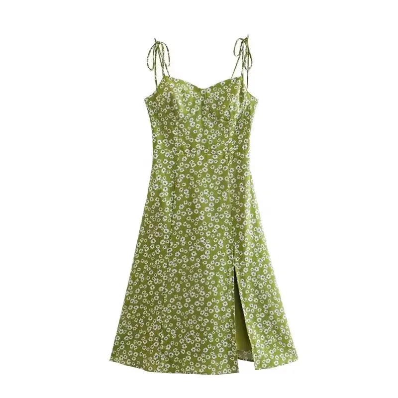 European And American Style French Retro Little Daisy Floral Print Slit Suspender Skirt - Green