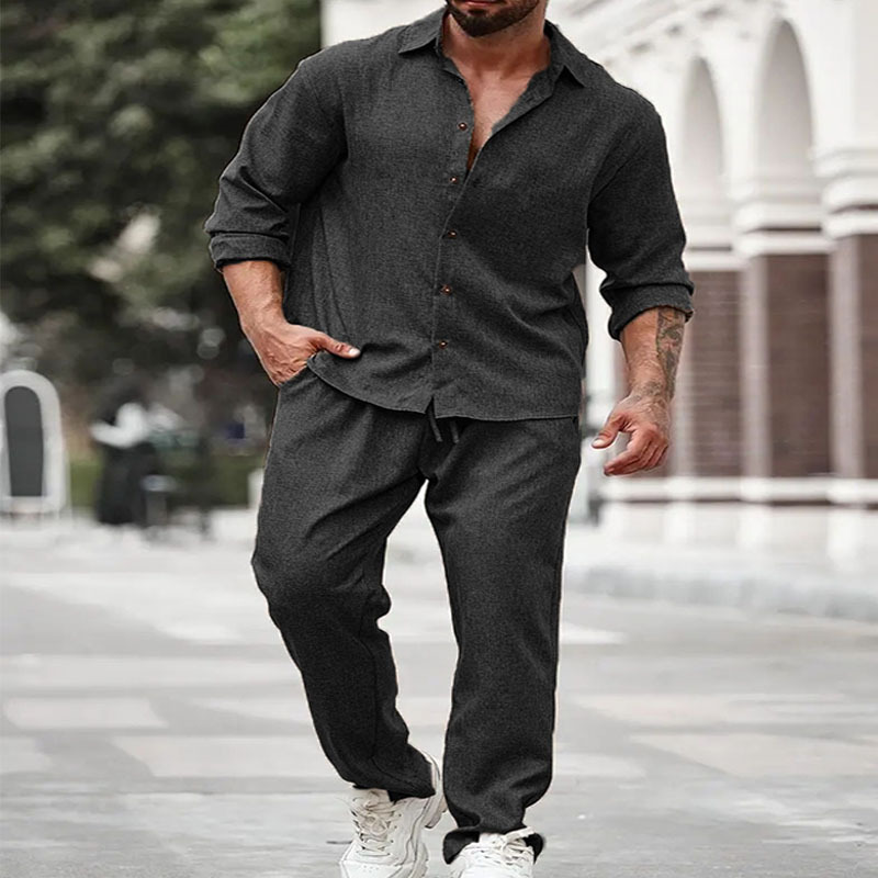 Men's Casual Long-Sleeve Top And Pants Two-Piece Set