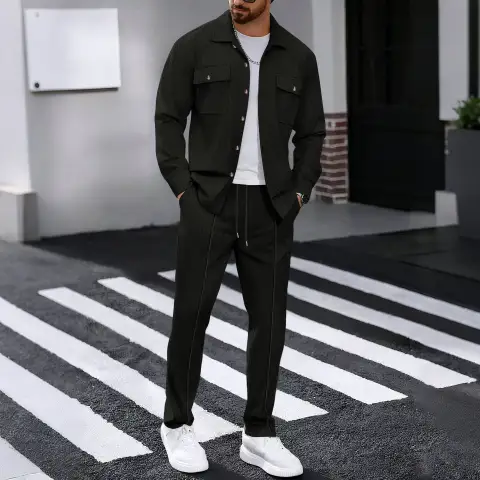 Autumn New Waffle Long-sleeved Trousers Two-piece Set Cardigan Shirt