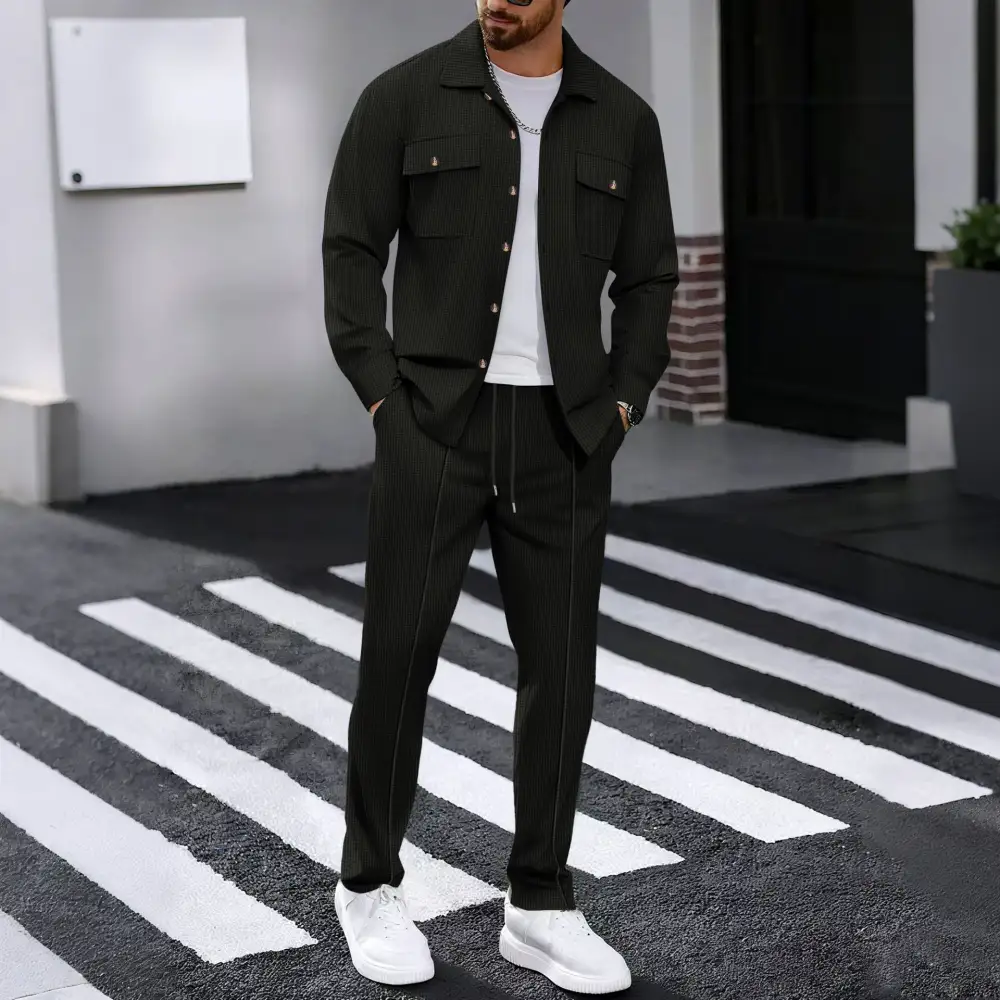 Autumn New Waffle Long-sleeved Trousers Two-piece Set Cardigan Shirt