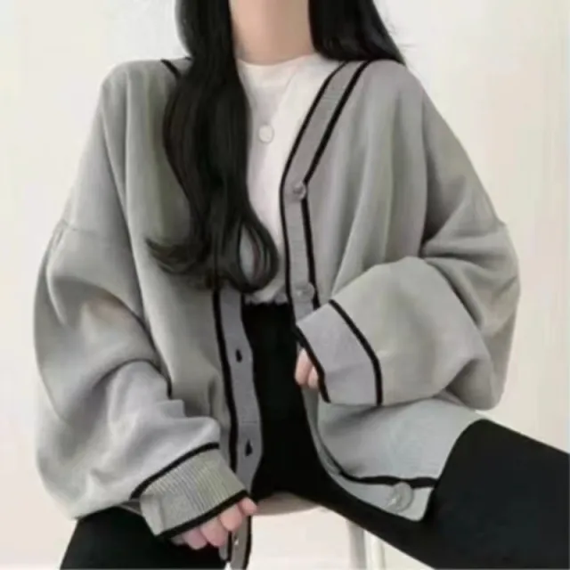 Contrast Color V neck Knitted Cardigan Sweater Coat Blue - Shop at LoveMi