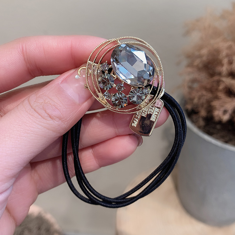 Rhinestone Heafrope Women's Elegant Tie Ponytail Hair String Korean Internet Celebrity Planet Track Hair Band Temperament Rubber Band Round Gray - Shop at LoveMi