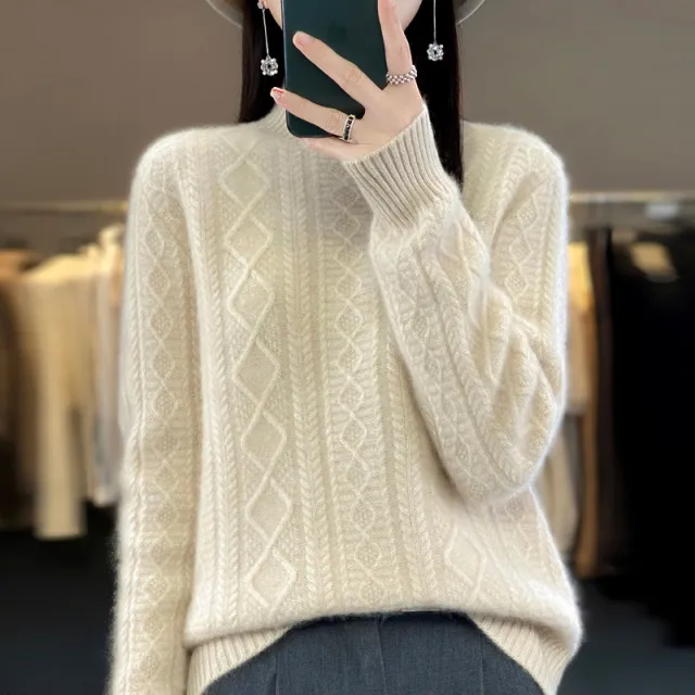 Autumn And Winter Thickening Half Turtleneck Cable knit Sweater Sweater Beige - Shop at LoveMi