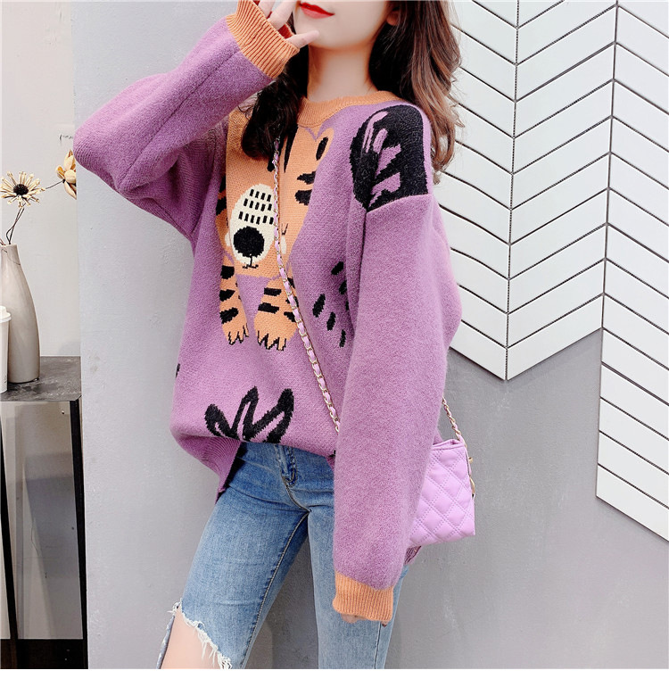 Cashmere Sweater College Style Korean Style Loose And Lazy Style Round Neck Top Purple - Shop at LoveMi