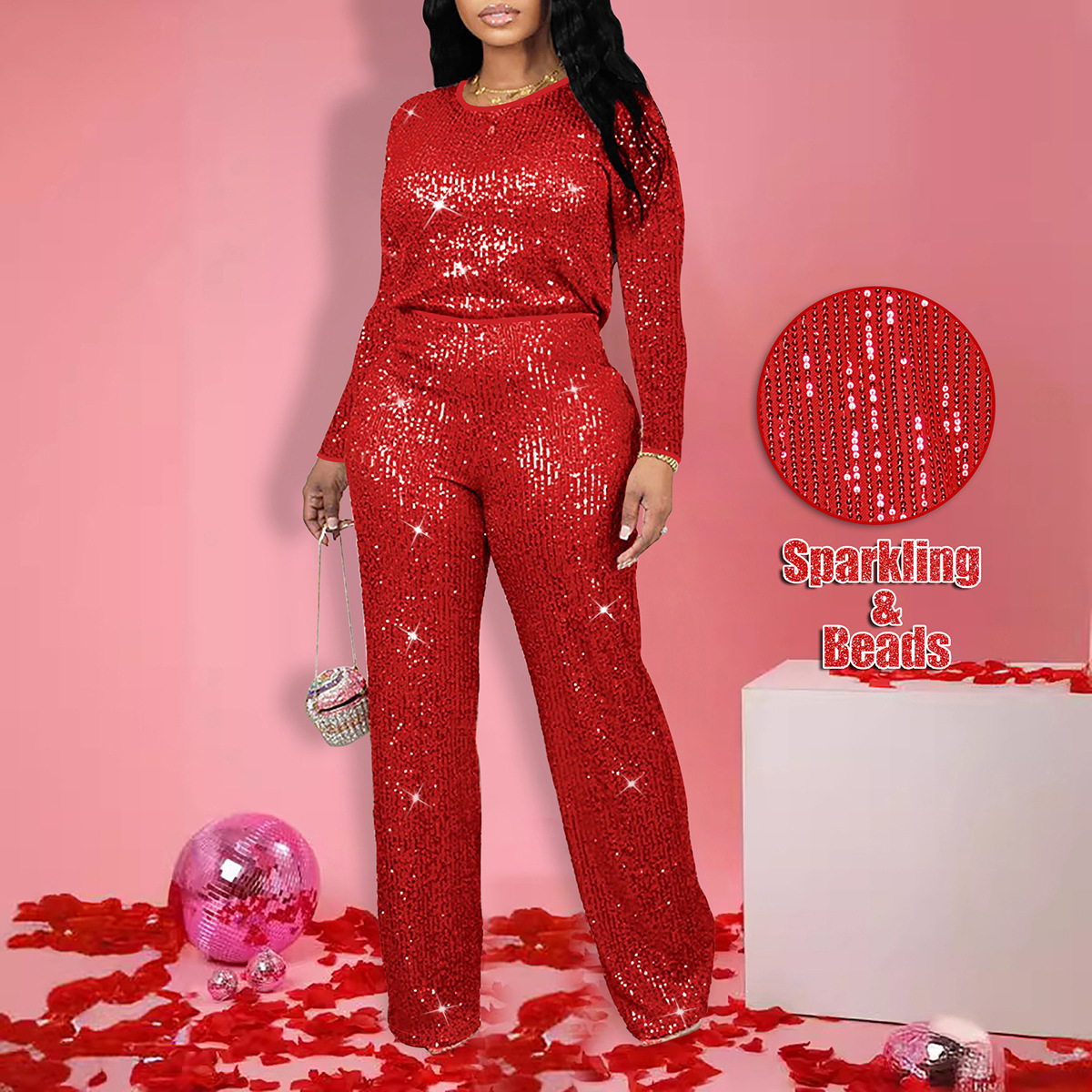 Women's Fashion Round-neck Long-sleeve Top And Pants Set