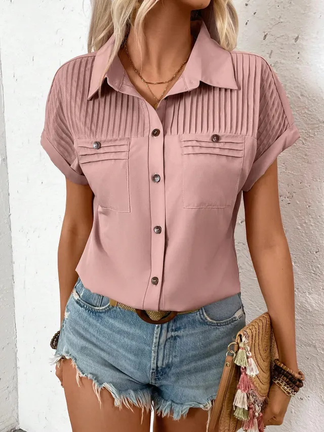 Lapel Shoulder Pleated Pocket Short Sleeve Top ShirtT shirt Women Pink - Shop at LoveMi