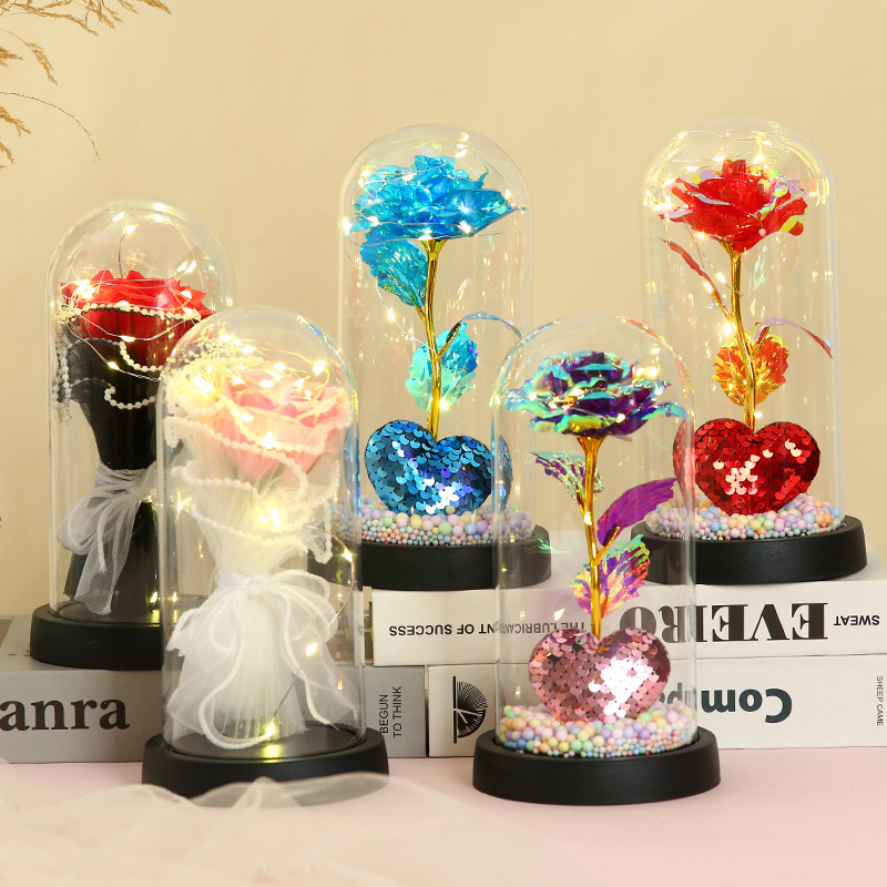 Gold Leaf Floral Ribbon Lamp Eternal Rose Night Light Acrylic Ornament