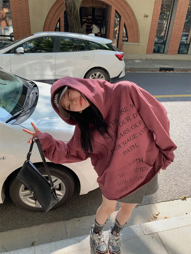 Printed Hoodie Women's Winter New American Retro Baggy Coat Design Sense Niche Top Red - Shop at LoveMi