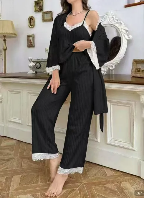 Women's Lace Trimmed Camisole Jacket And Cherry Print Trousers Three Piece Set Black - Shop at LoveMi
